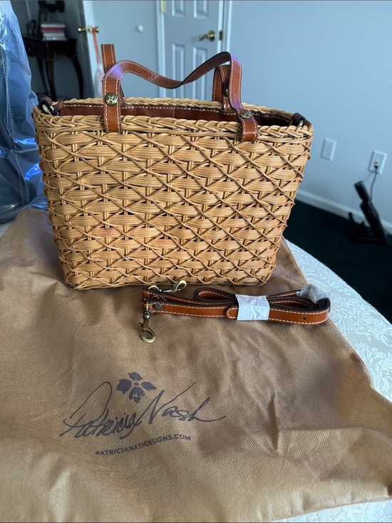 Patricia Nash Handbags - Patricia Nash Natural Woven Rattan Tote with Brown Leather Trim